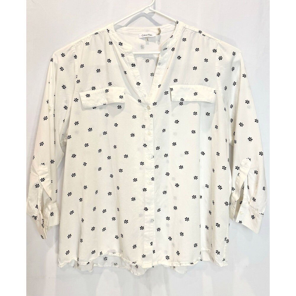 Calvin Klein Womens Size 1X White Button-Down Blouse Top Flower Detail